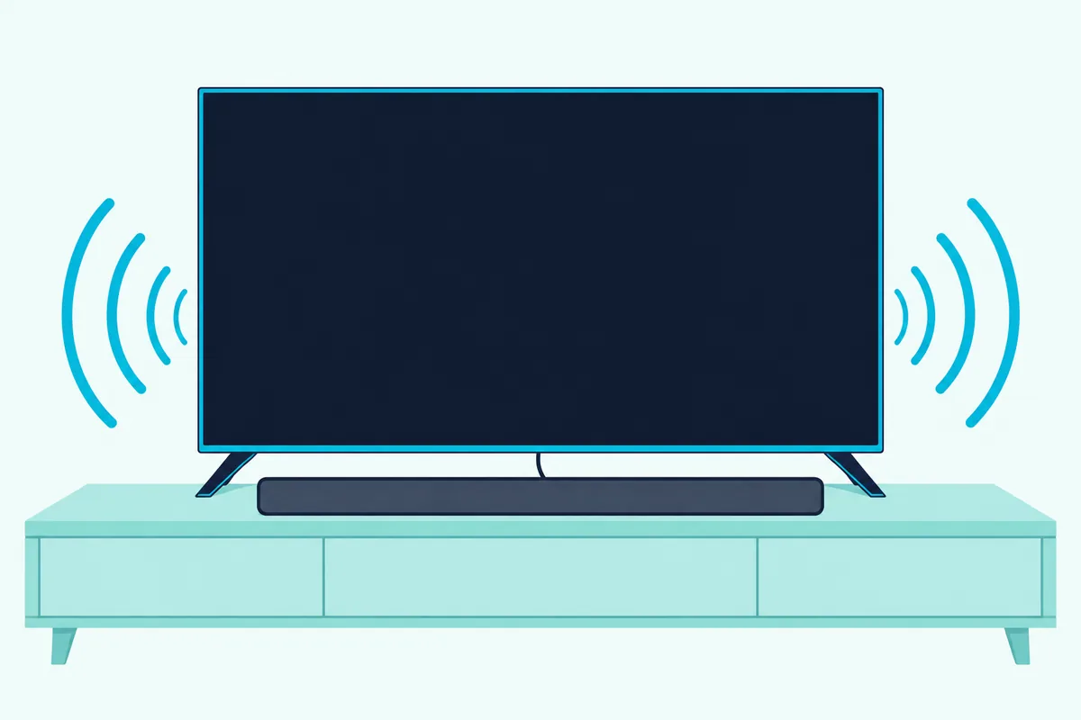 TV on a stand sending curved sound waves from its own speakers while the slim sound bar in front of it stays silent