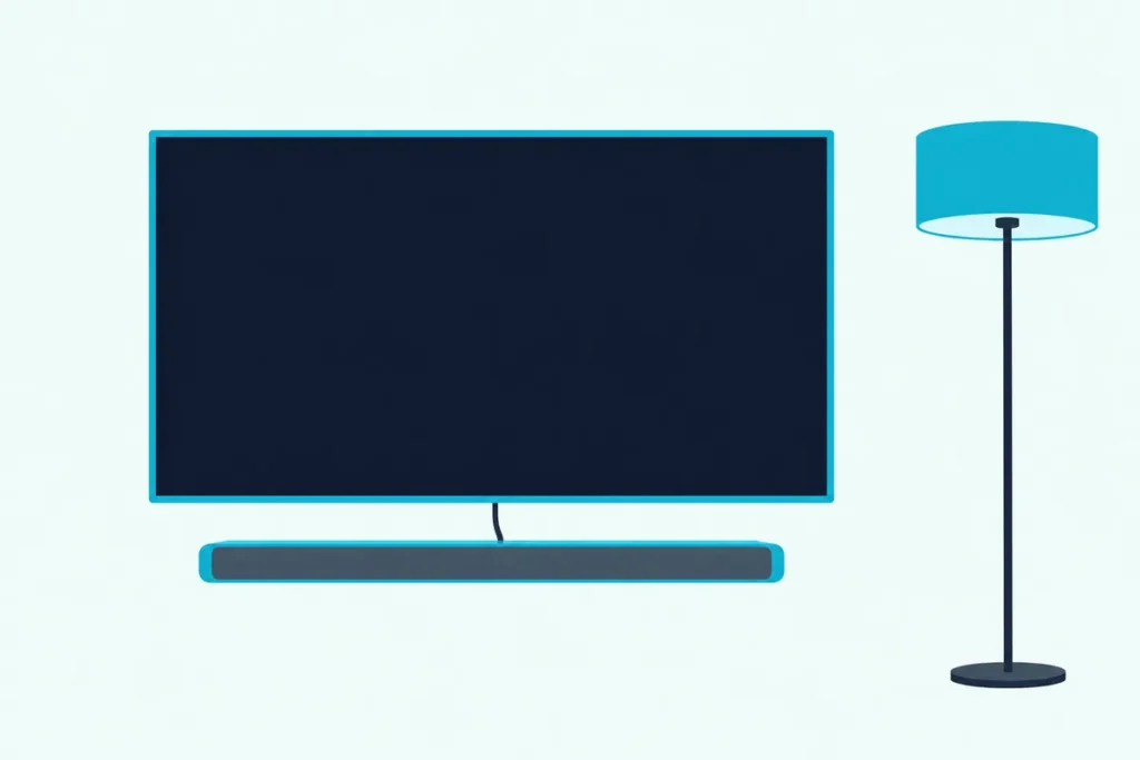 Wall-mounted TV with a blank screen above a slim sound bar, joined by one short cable, beside a floor lamp