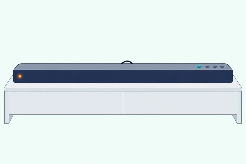 Slim soundbar on a low white TV console with a small orange light on its front and one top button ringed in teal