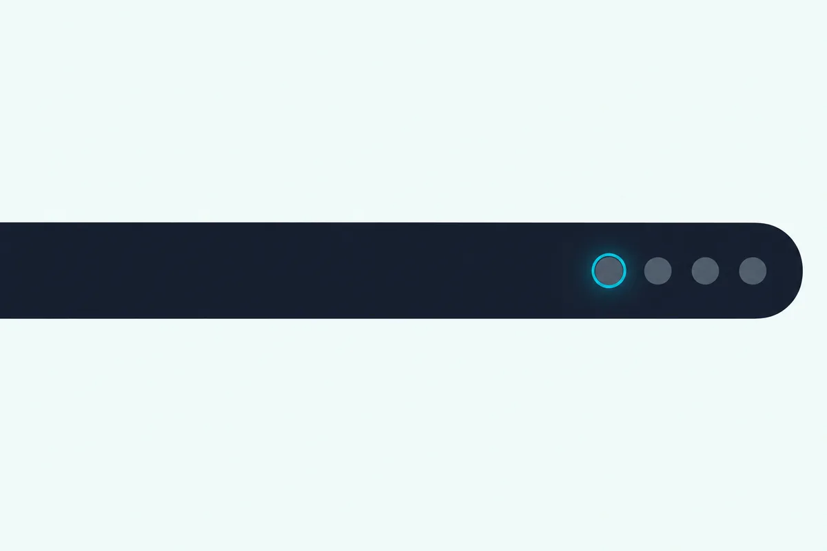 Top panel of a slim soundbar with four small buttons in a row, the power button at the left ringed in teal