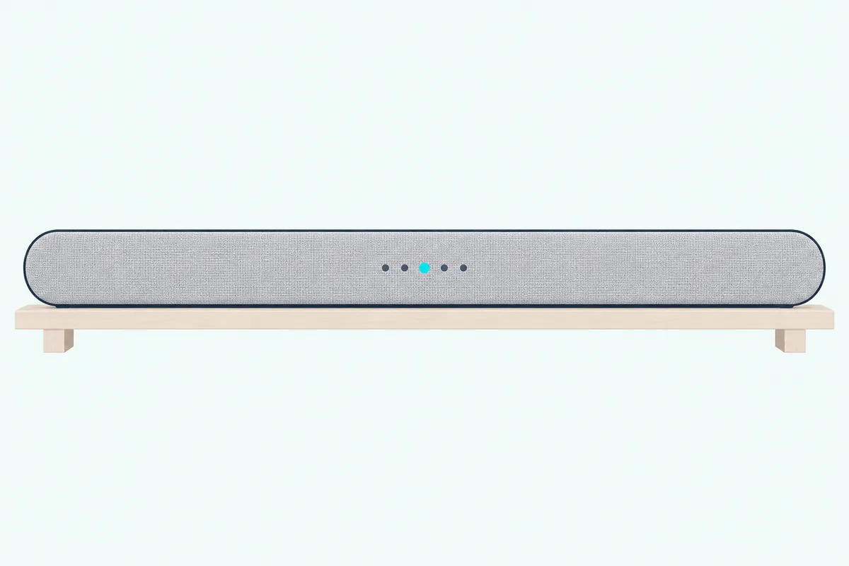 Row of five small lights on a soundbar with no display, the middle one glowing cyan to confirm a reset