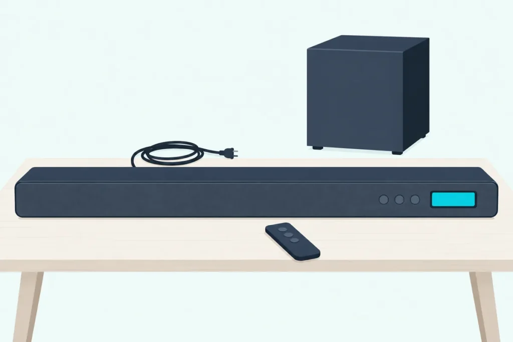 Slim soundbar with a blank teal display window on a tabletop, its remote in front and a subwoofer behind