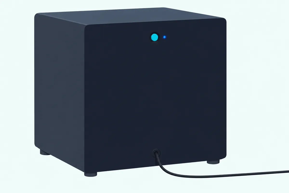 Back of a wireless subwoofer with its small pairing button and a blue link light, for re-pairing after a reset