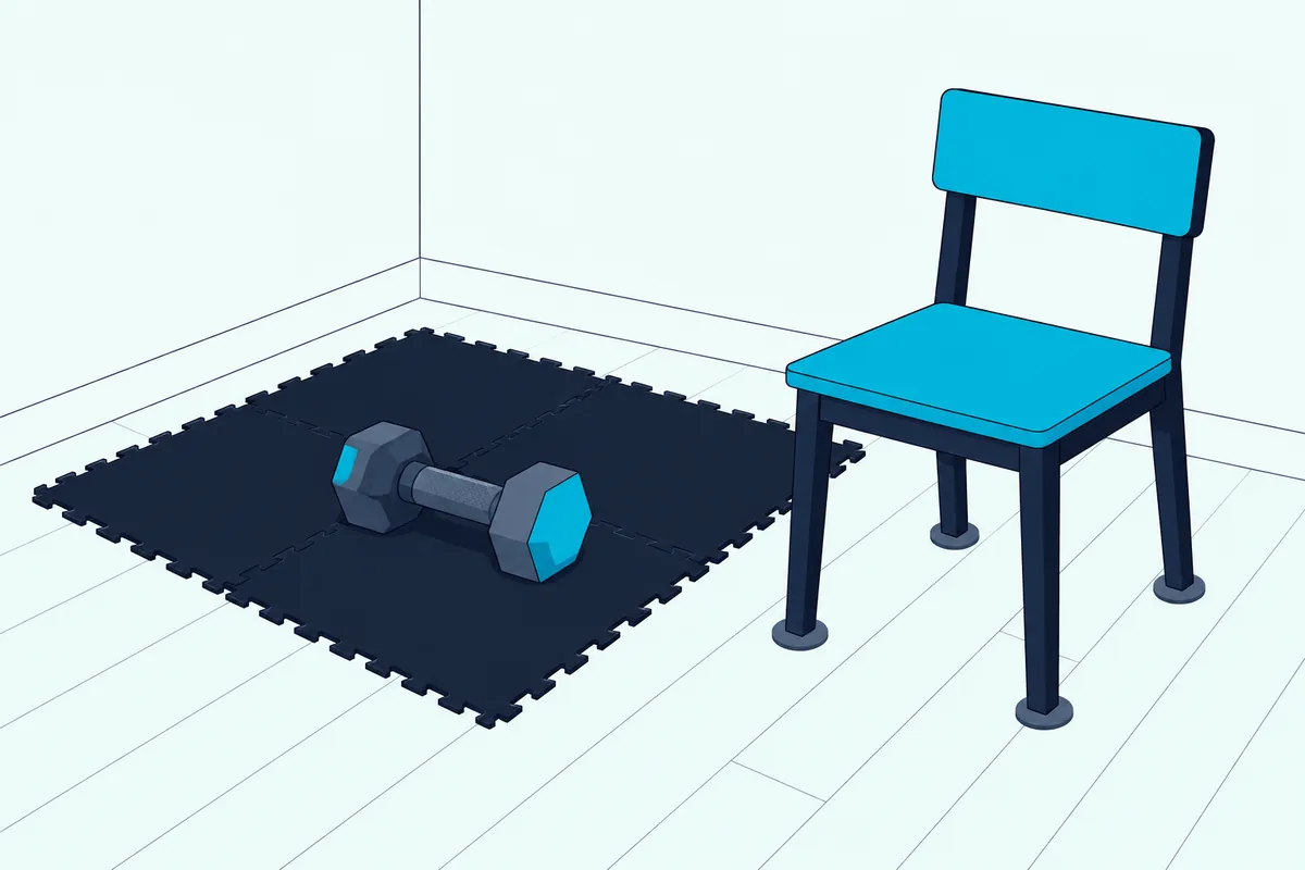 Interlocking rubber floor tiles under a dumbbell in one corner of a wood floor, beside a chair with felt-padded legs