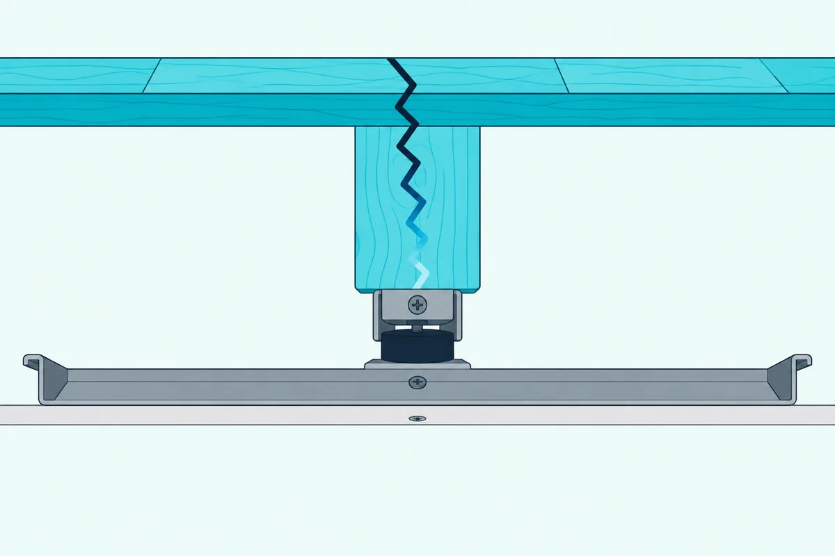 Isolation clip and metal channel holding a drywall ceiling below a joist, with impact lines fading at the clip