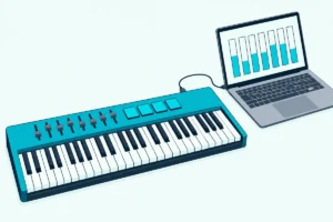 A keyboard controller with faders cabled to an open laptop showing a mixer