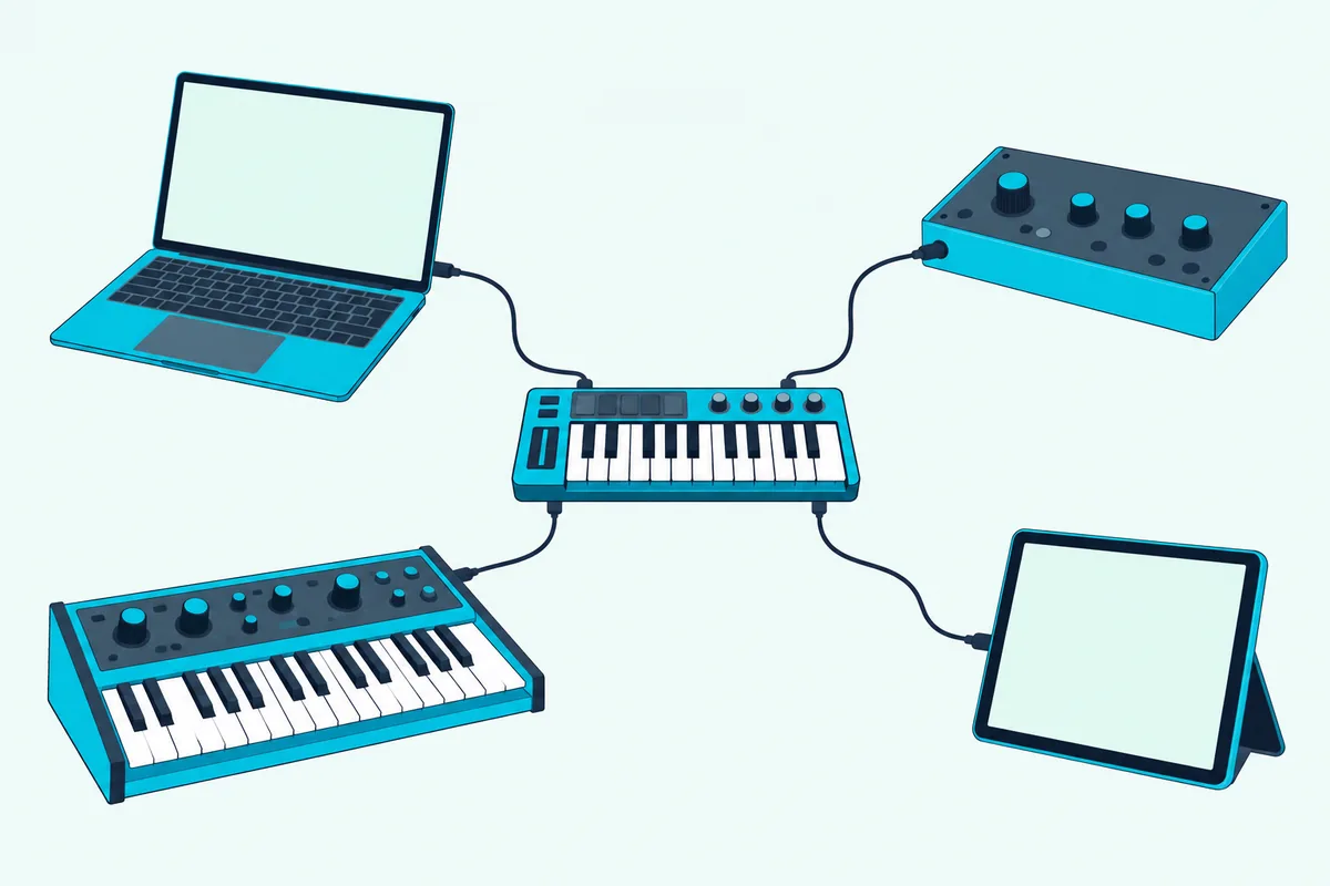 A keyboard controller with four lines to a laptop, a sound module, a synth and a tablet