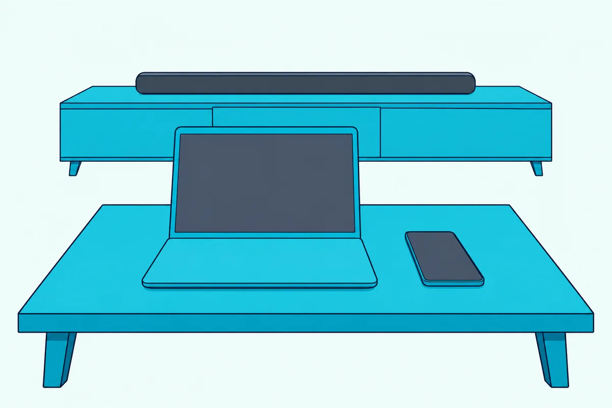 Laptop and smartphone with blank screens on a coffee table in front of a soundbar on a TV stand