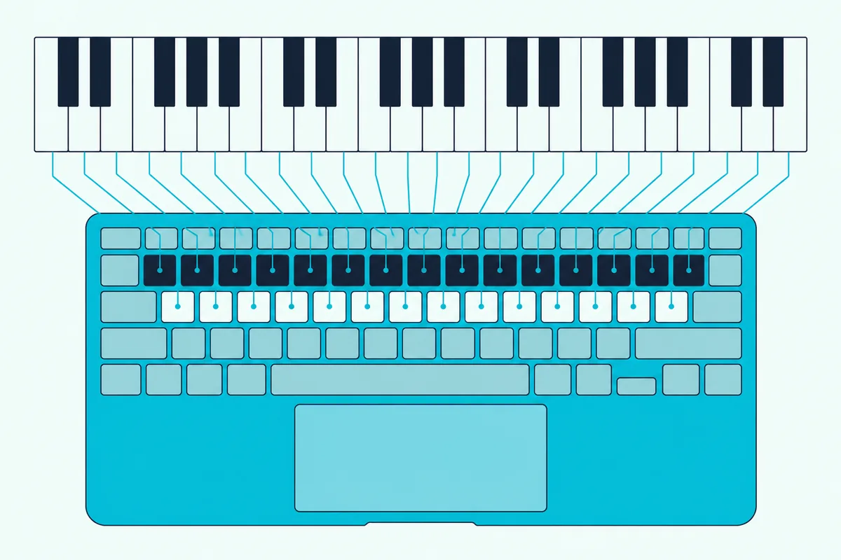 A laptop keyboard with two key rows colored like piano keys and a short piano above it