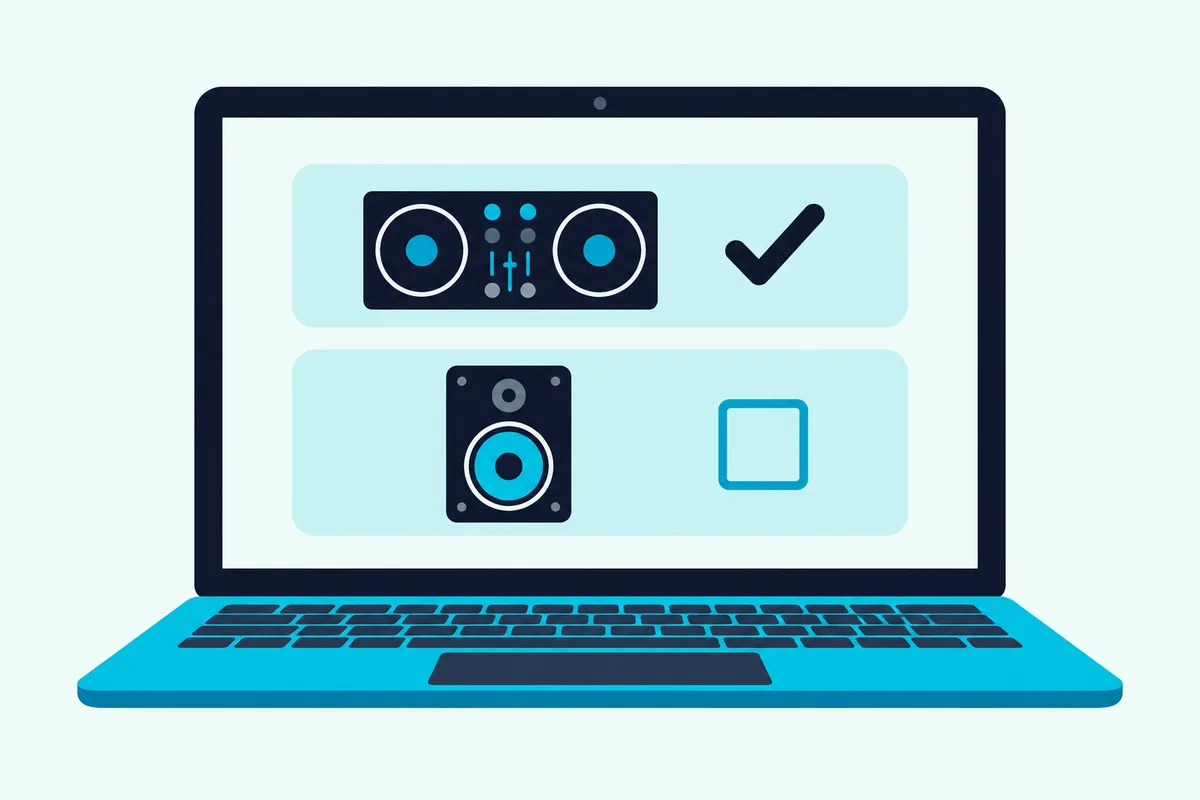A laptop screen listing two audio devices, with the controller row ticked and the laptop speaker row left empty