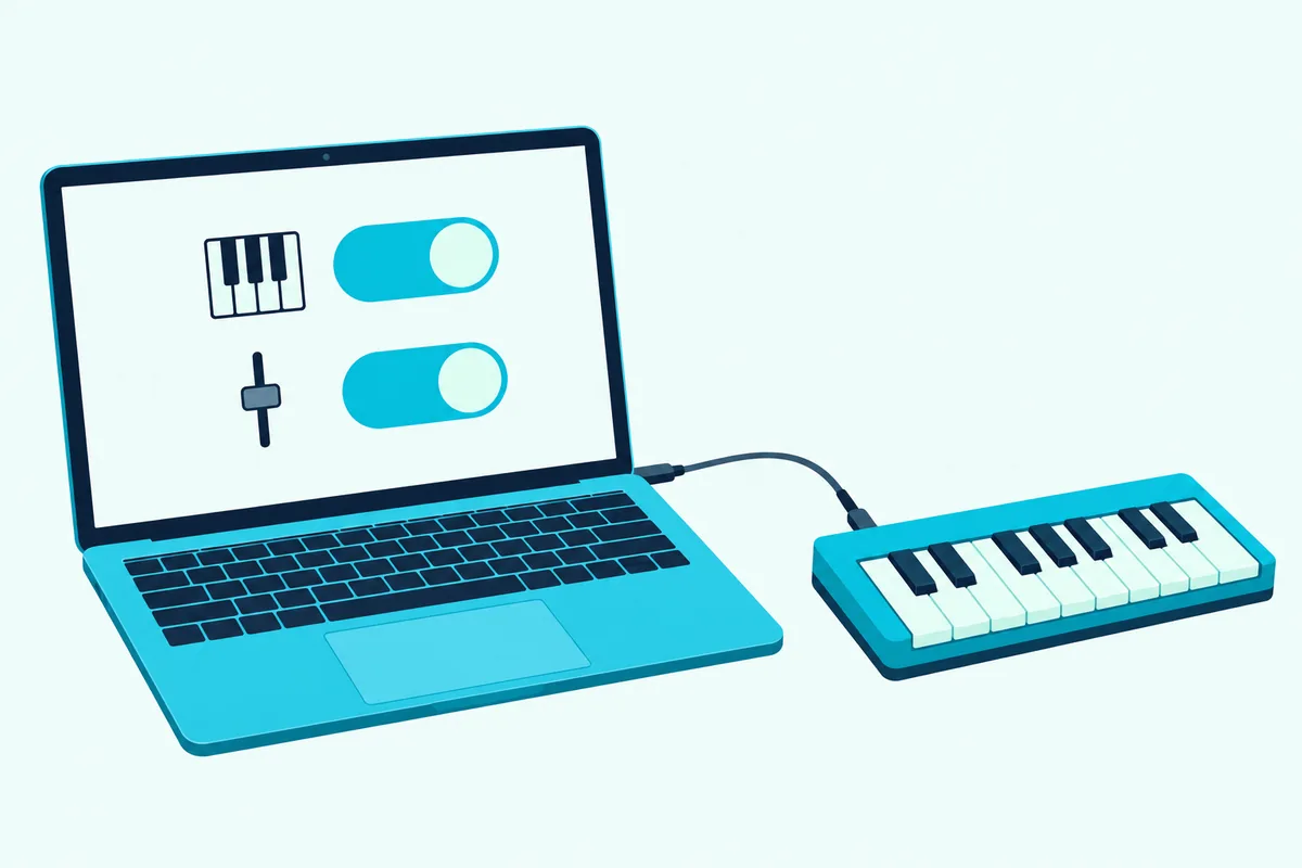 A laptop screen with two toggle switches beside a cabled keyboard controller