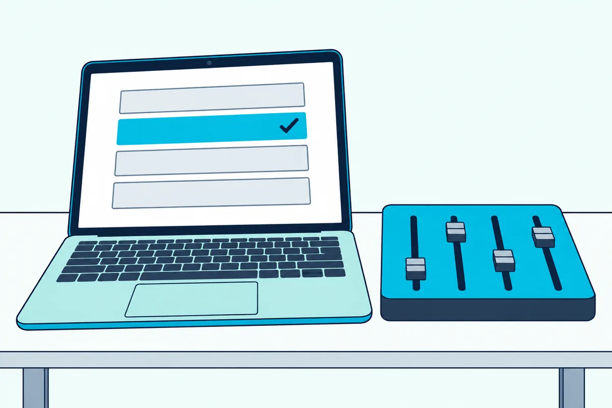 A laptop settings list with one row checked, beside a four-fader control surface