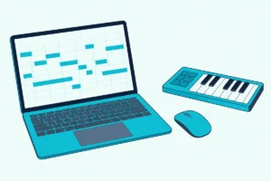 An open laptop showing note bars beside a mouse and an unplugged small controller
