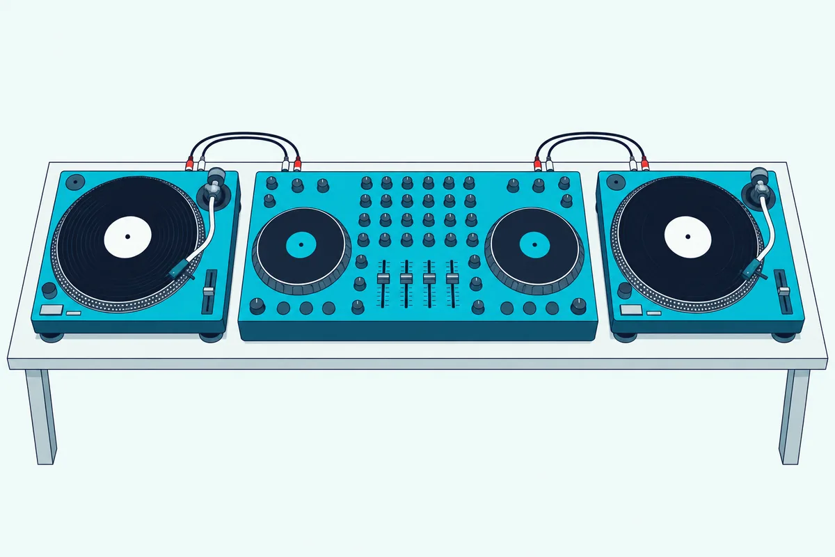 A large DJ controller with a direct-drive turntable on each side, both turntables cabled into the controller's back panel