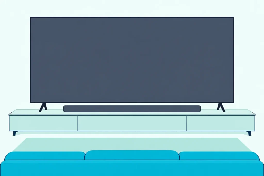 Very large flat TV on a long low console with a long soundbar between its feet, narrower than the screen