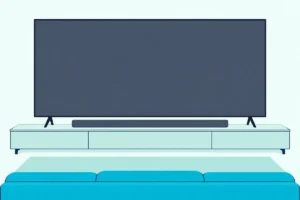 Very large flat TV on a long low console with a long soundbar between its feet, narrower than the screen
