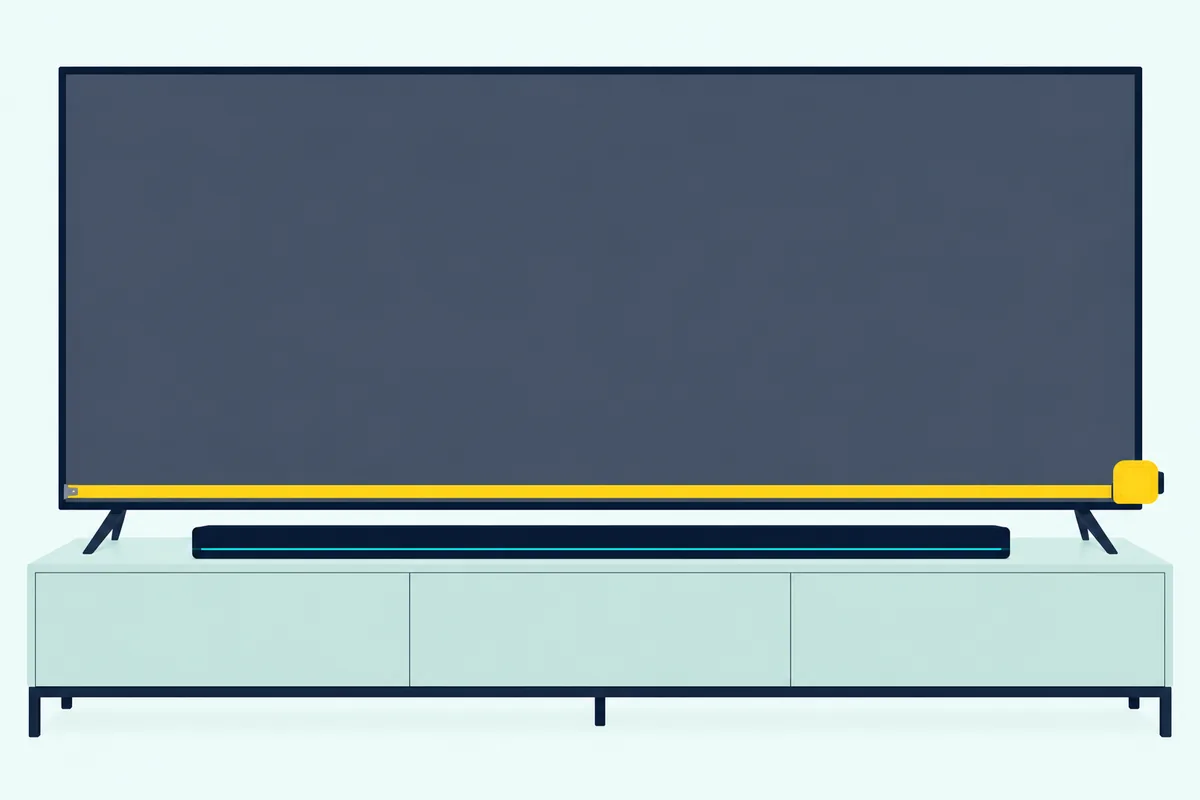 Large flat TV on a long console with a wide soundbar below it, a little narrower than the screen