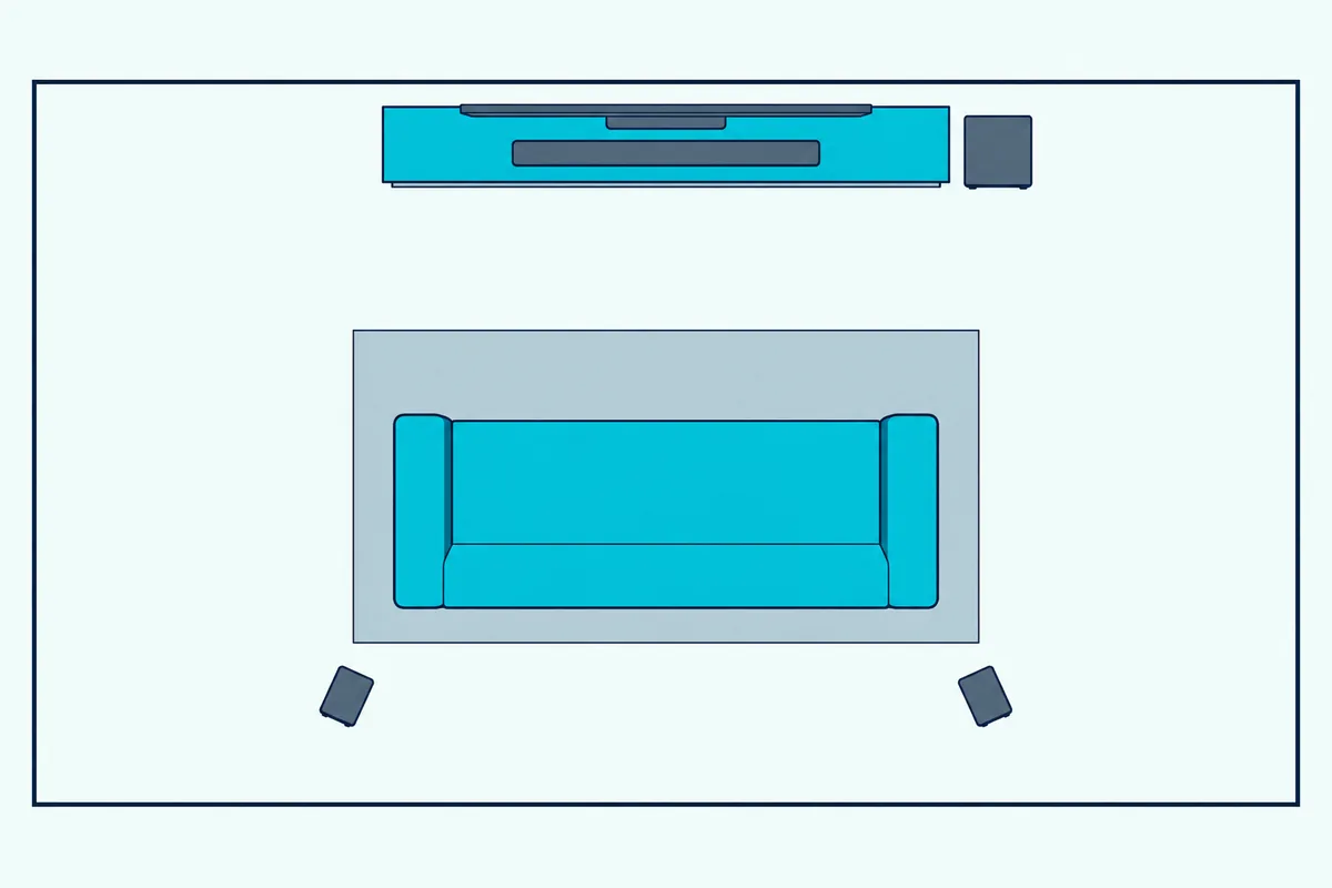 Large living room from above with a soundbar under the TV, a subwoofer by the console and two rear speakers behind the sofa