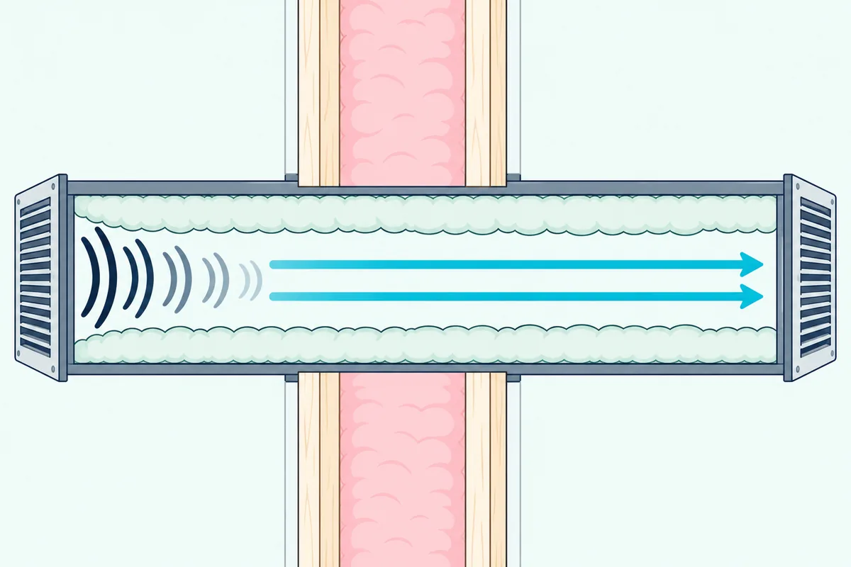 Lined air duct through a soundproof wall, with air arrows passing and sound waves fading inside the lining