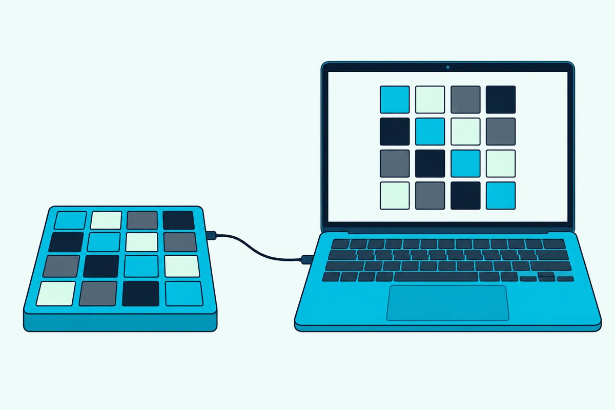 A lit pad grid controller beside a laptop showing the same colored clips