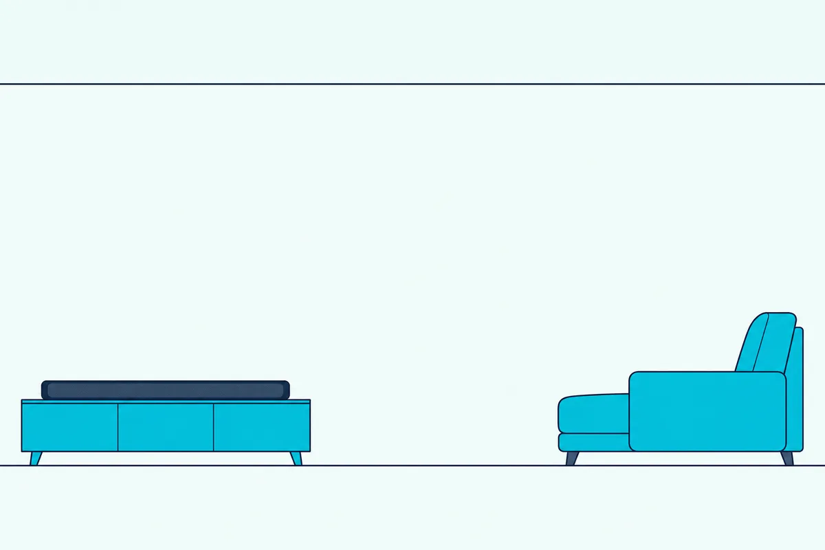 Cross-section of a living room with a flat ceiling above a soundbar on a low console and a sofa facing it