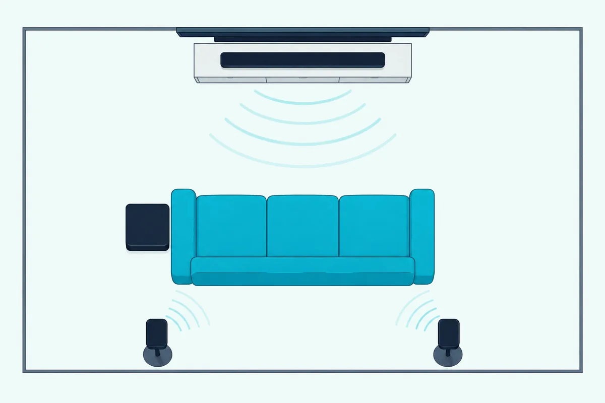 Top-down plan of a living room: a soundbar under a TV, a cube subwoofer by the sofa and two small speakers behind it