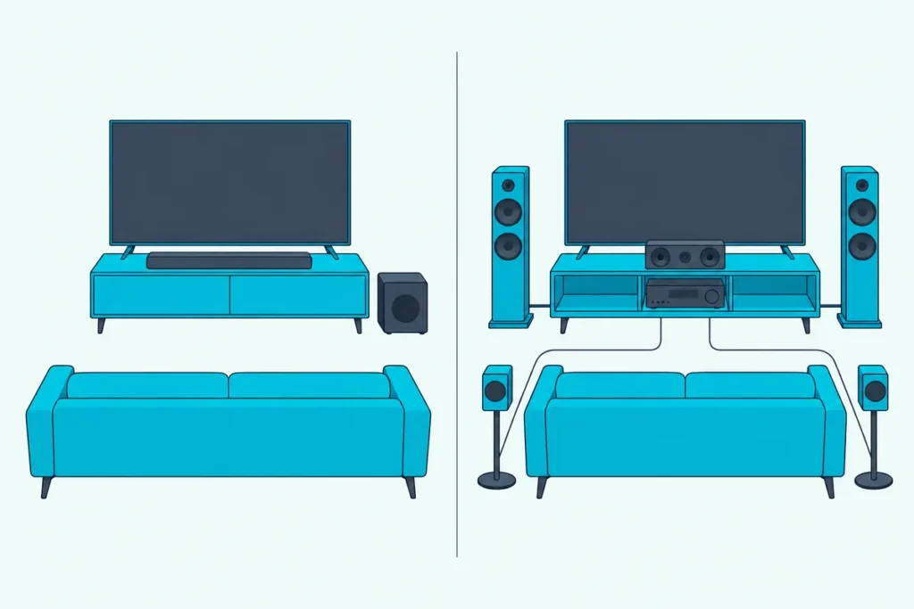 Living room split in two: a soundbar and subwoofer on one side, a receiver with five speakers around a sofa on the other