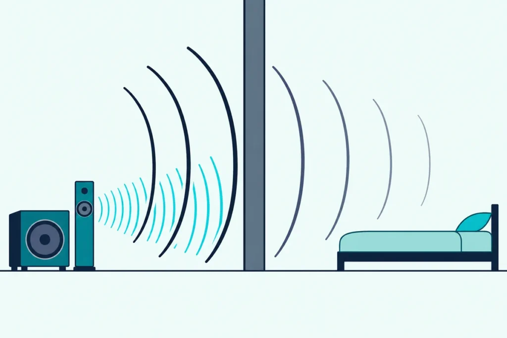 Long bass waves from a subwoofer pass through a shared apartment wall while short treble waves stop at it