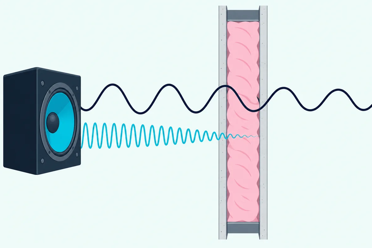 Long low sound waves passing through an insulated stud wall while short high waves fade out inside the insulation