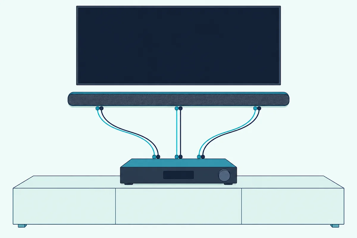 Long passive soundbar under a TV wired to an AV receiver with three pairs of speaker wire