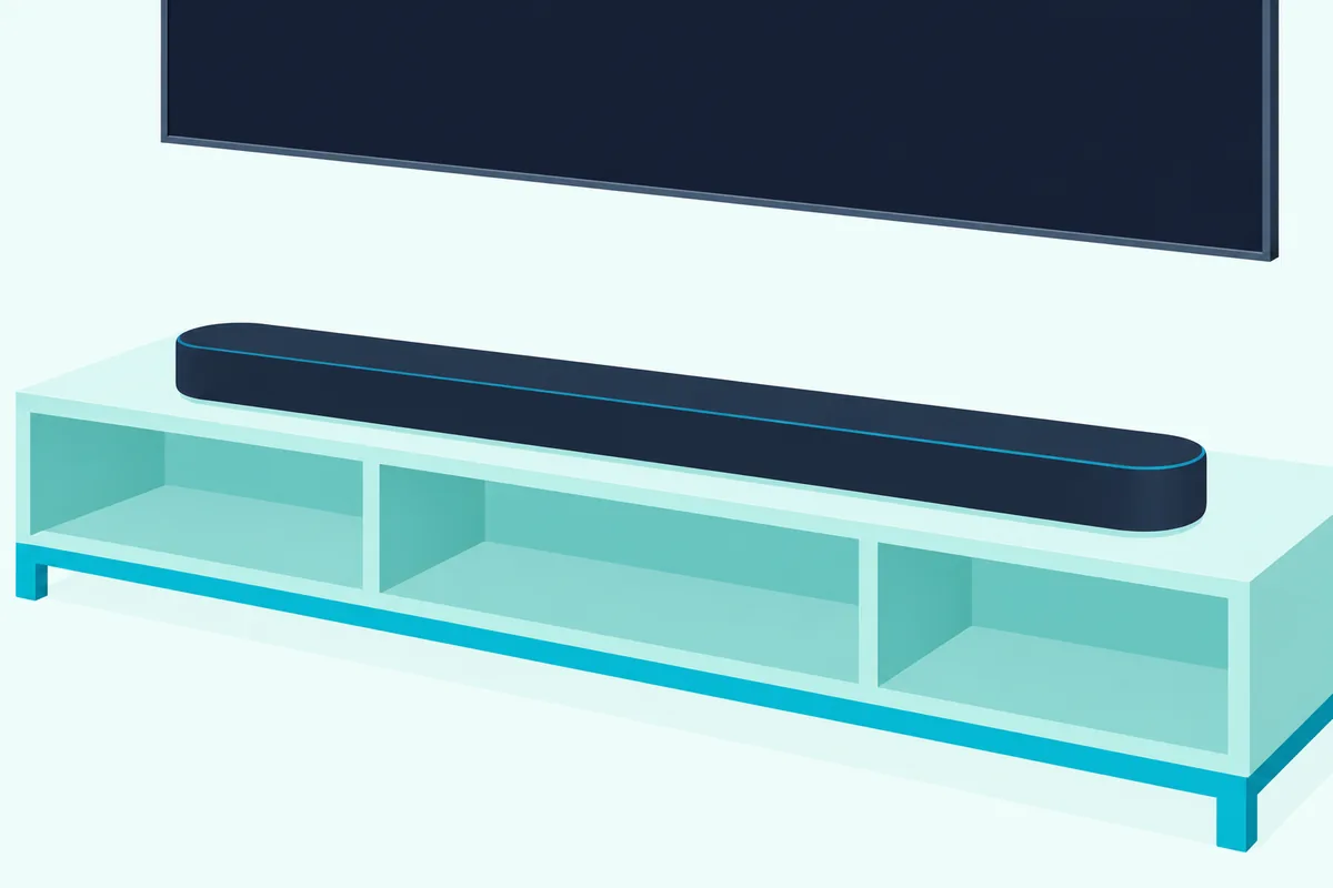 Long rounded soundbar on a low wooden media console under a large blank wall-mounted TV, with clear space above the bar