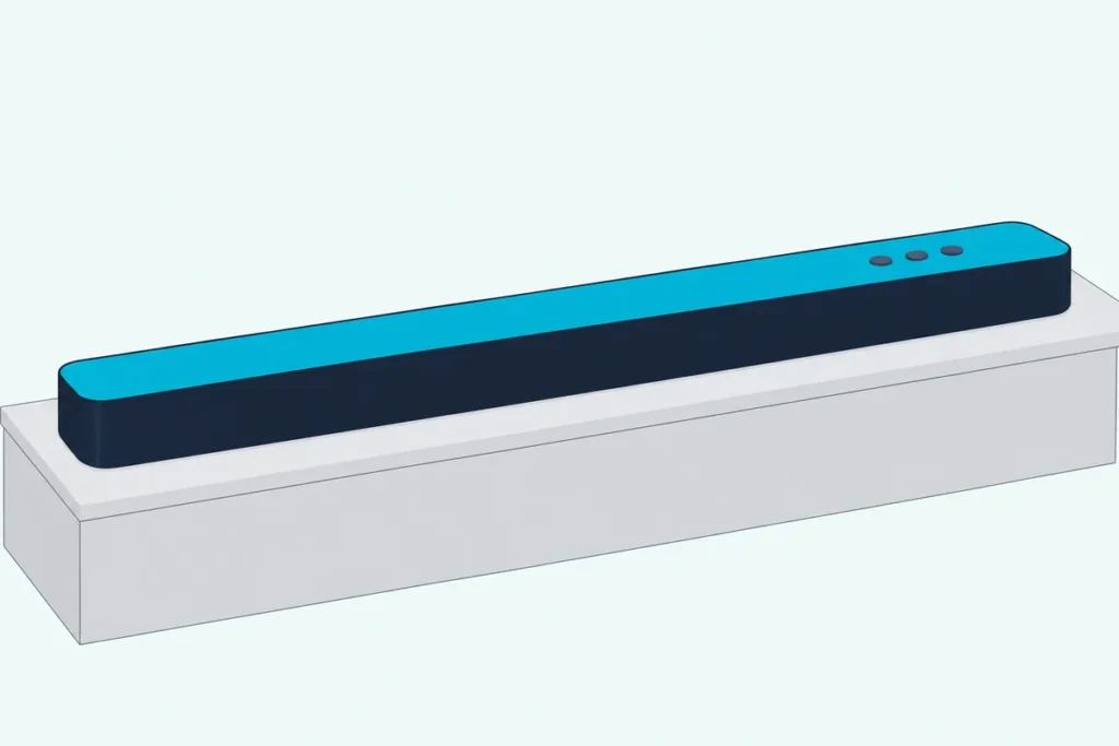Long slim soundbar on a console with three small round buttons on its top panel and no remote in sight