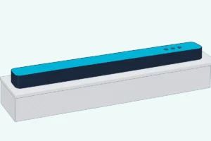 Long slim soundbar on a console with three small round buttons on its top panel and no remote in sight