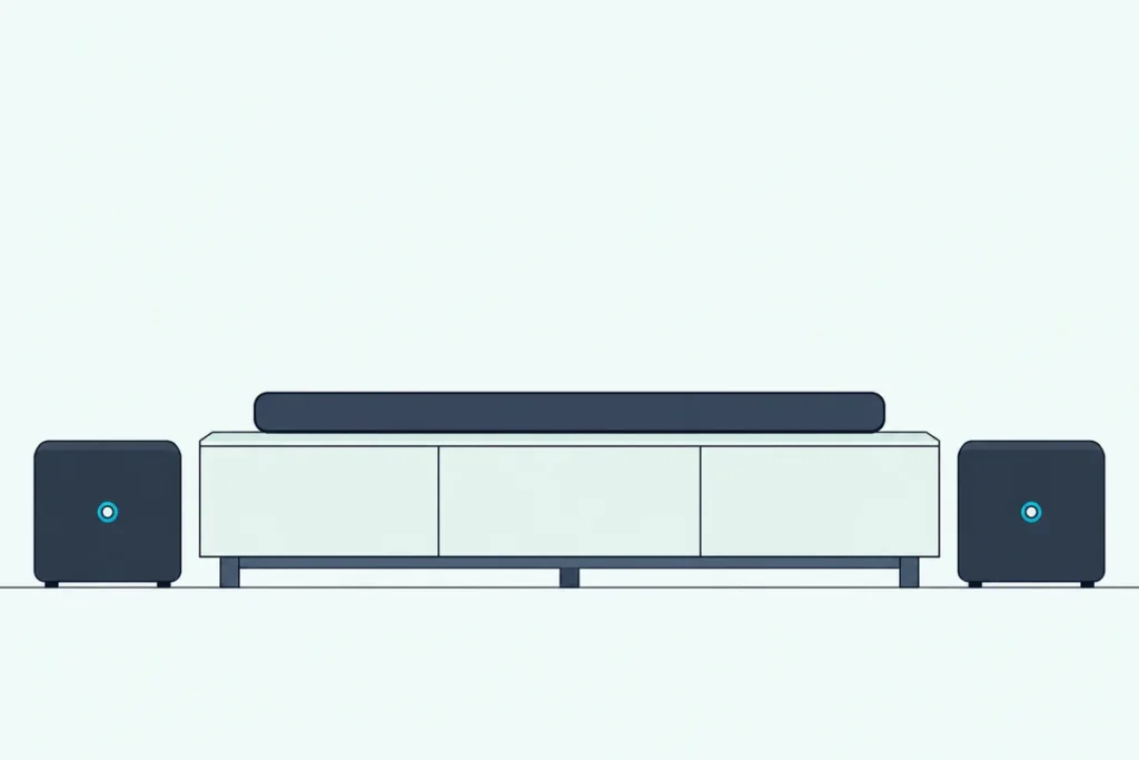 Long slim soundbar on a TV console with an identical cube subwoofer standing on the floor at each end