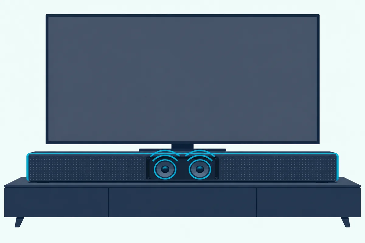 Long slim soundbar on a low TV stand with two round bass drivers showing through a cut-away panel in its front