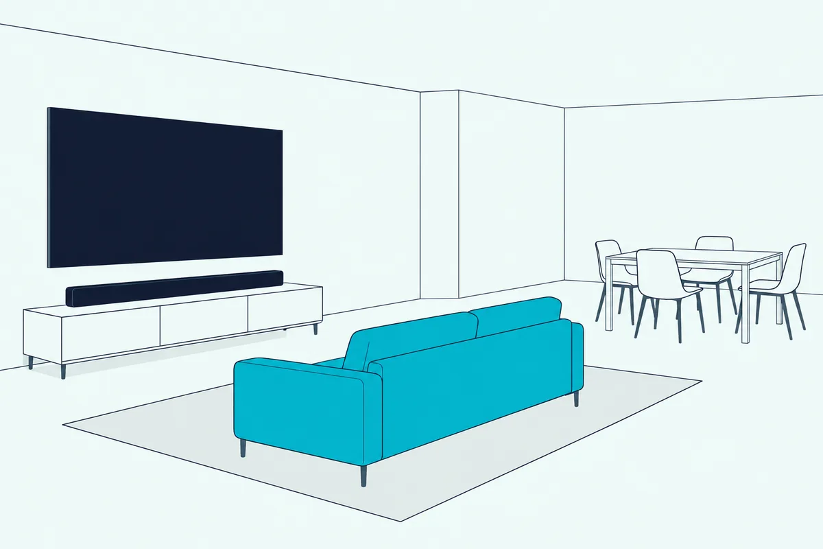 Long soundbar on a pale console under a blank wall-mounted TV in an open-plan living room with a sofa and a rug