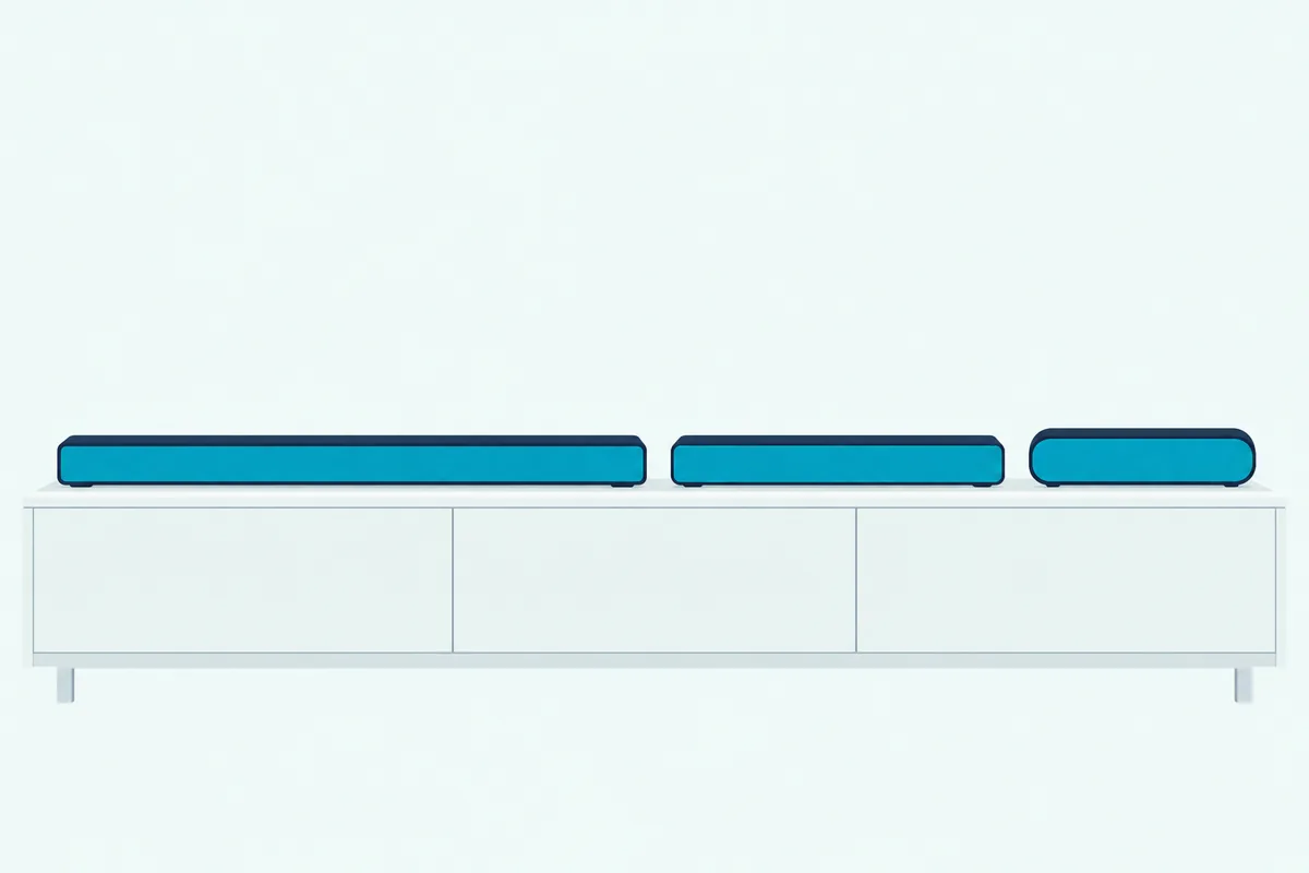 Long soundbar on a low cabinet beside a shorter bar and a single compact bar, all facing the same way