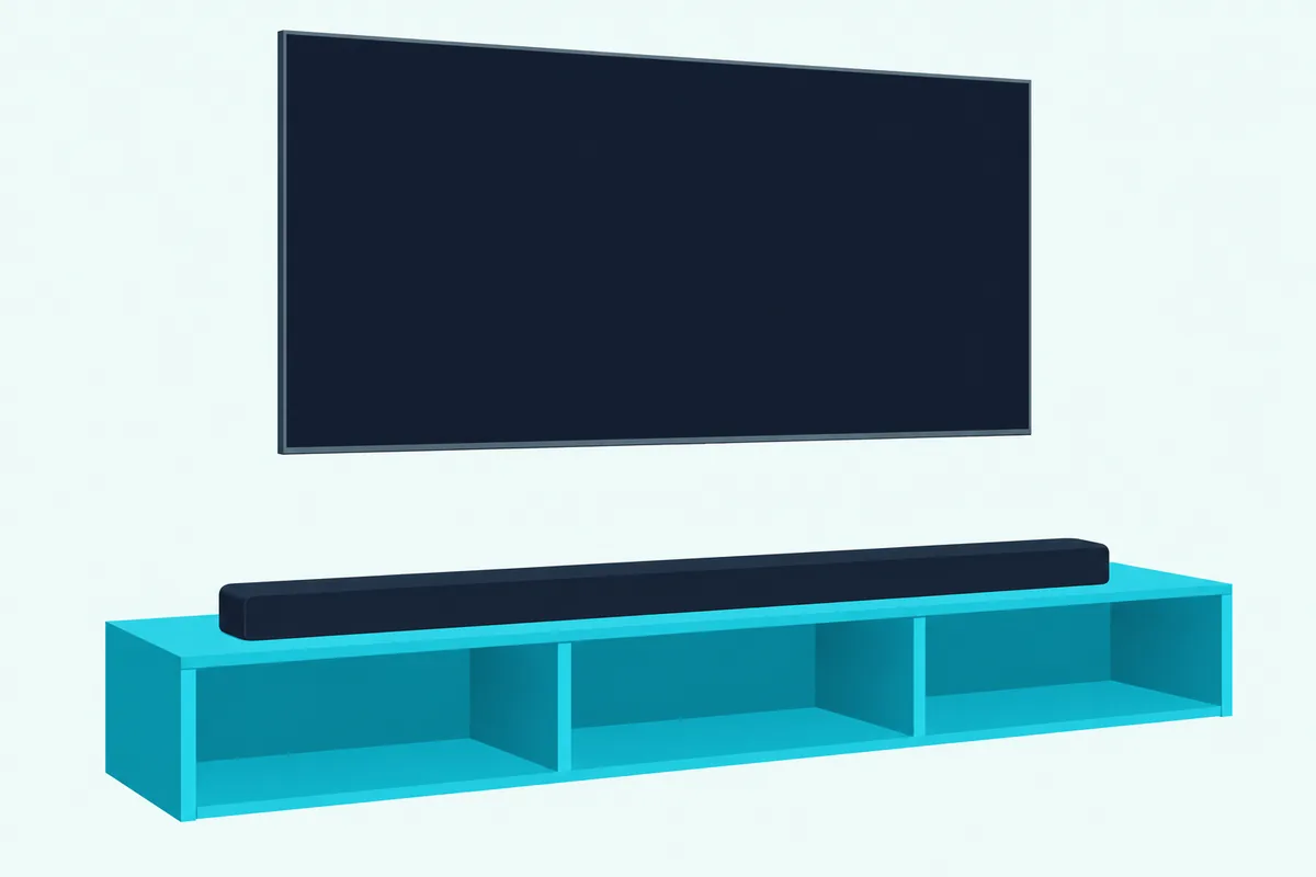 Long matte soundbar on a low wooden media console under a large blank wall-mounted TV, with clear space above the bar
