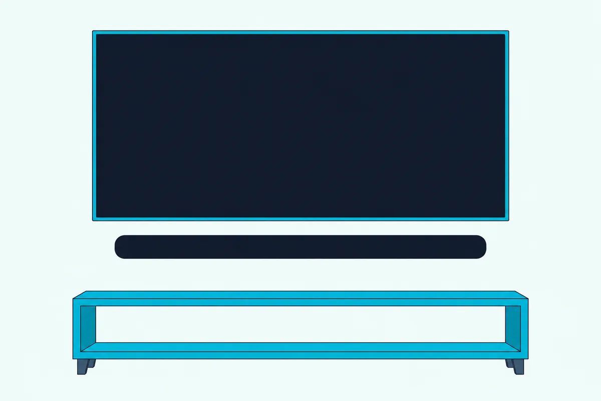 Long soundbar mounted on a pale wall a short gap below a large blank wall-mounted TV, above a low open shelf