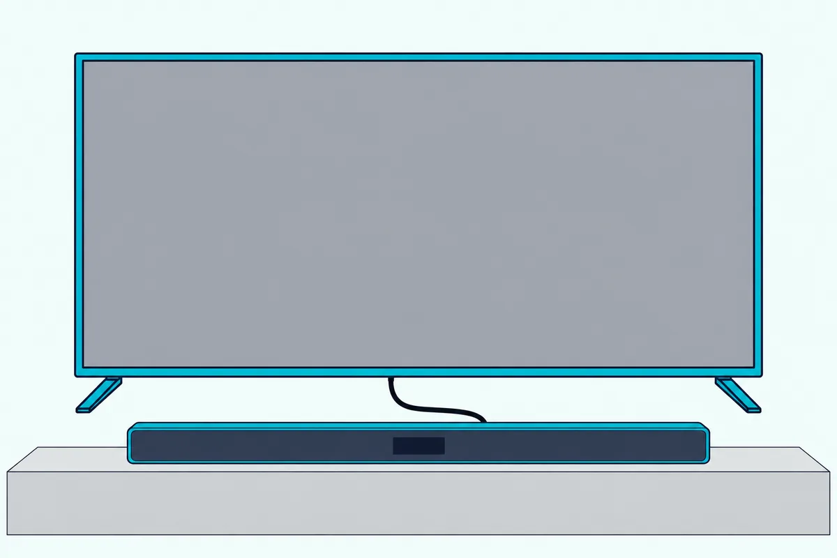 Long soundbar with a blank display window below a blank TV, one HDMI cable linking them