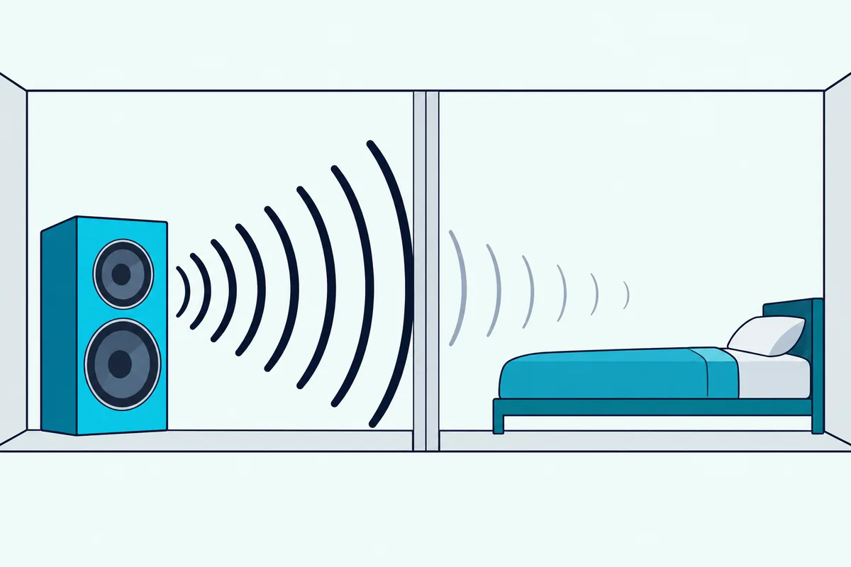 Loudspeaker on one side of a shared wall sending large sound waves that arrive as small waves in a quiet bedroom next door
