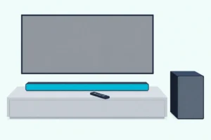 Low soundbar on a light console under a blank TV, with a wireless subwoofer on the floor and a slim remote in front
