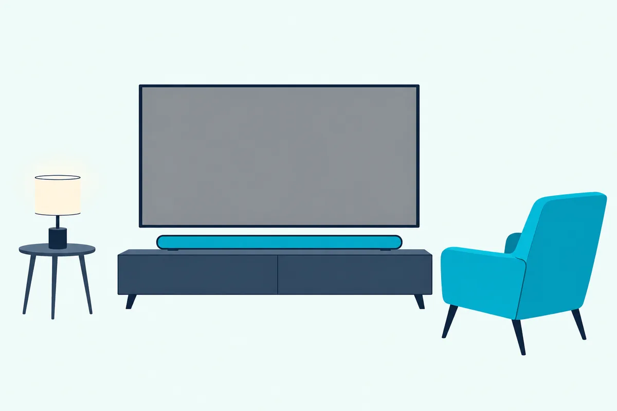 Low soundbar under a blank TV next to a lit table lamp and an empty armchair in a quiet living room