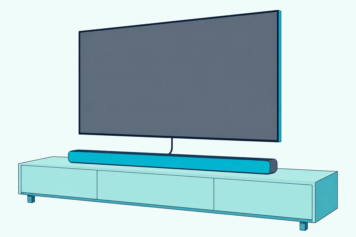Low black soundbar on a wooden console beneath a wall-mounted TV with a blank screen and a single cable running behind