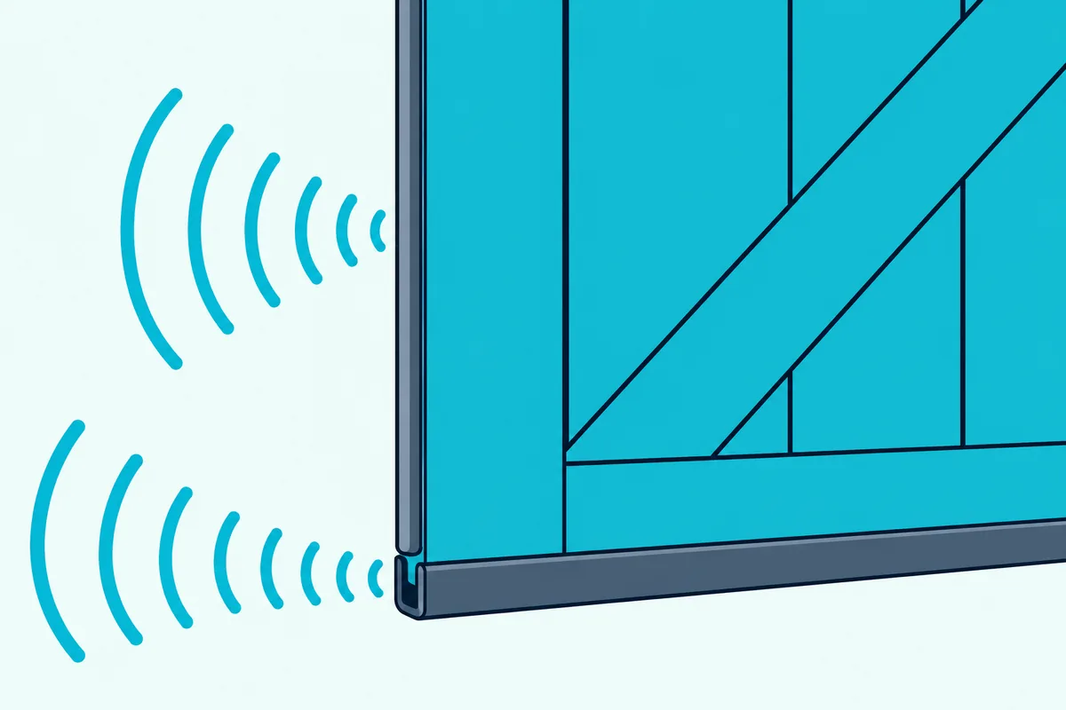The lower corner of a barn door with a seal along the bottom and a foam strip up the side, sound waves stopping at both