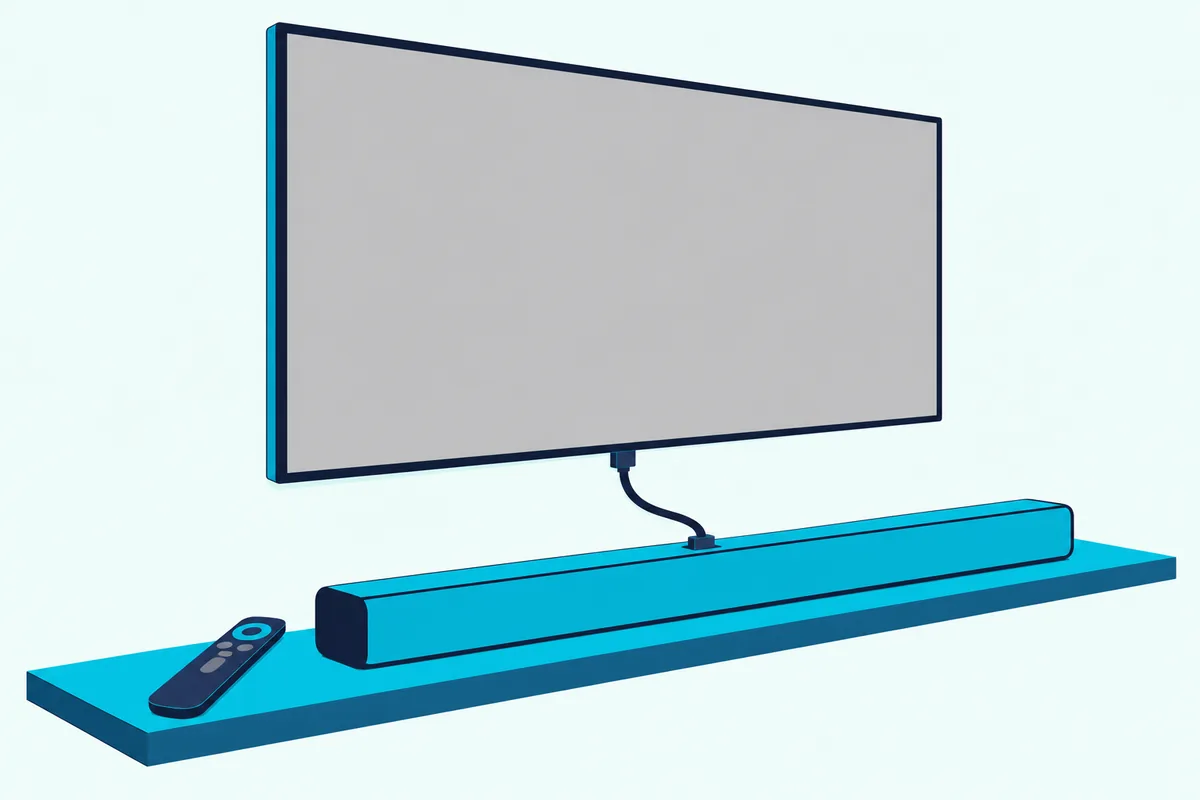 Pointer-style TV remote aimed at a wall TV with a blank screen, with a soundbar on a shelf below joined by an HDMI cable