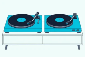 Two turntables side by side, one manual with a cue lever beside the tonearm, one automatic with start and stop buttons