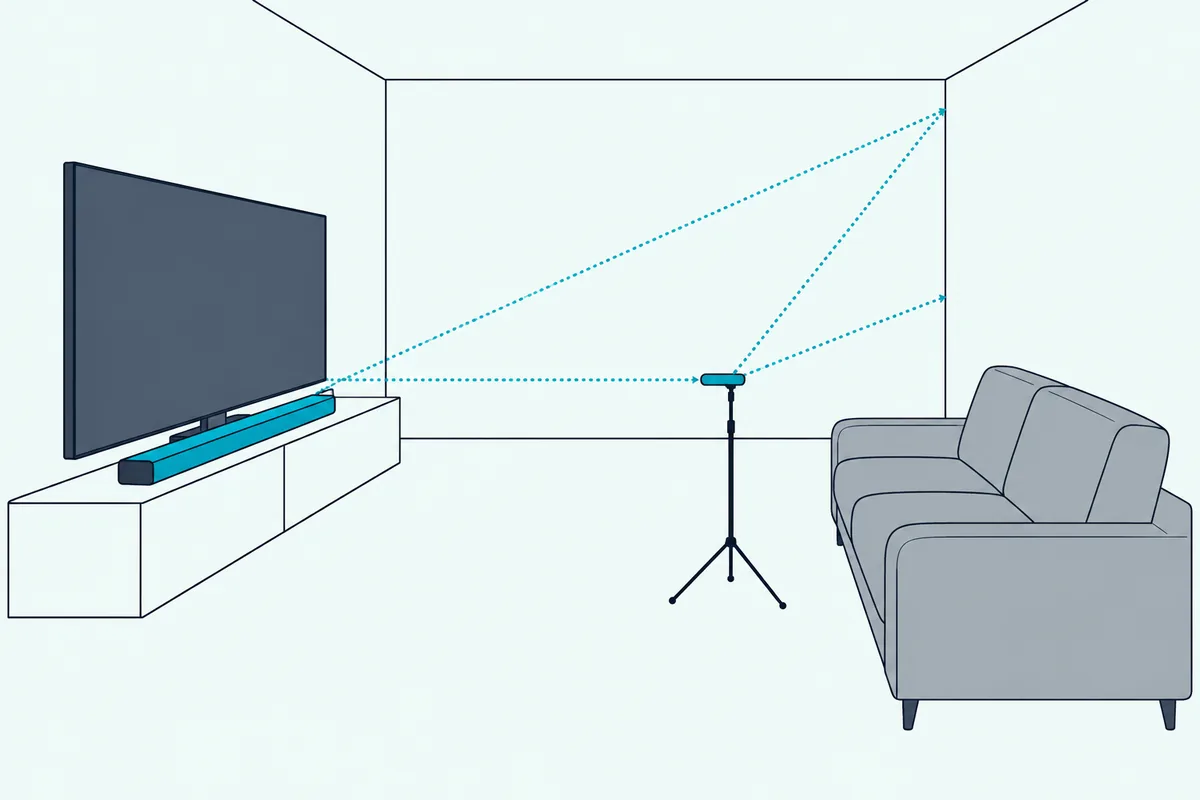 Small measuring microphone on a tripod at a sofa, with dotted sound lines from a soundbar and off a side wall