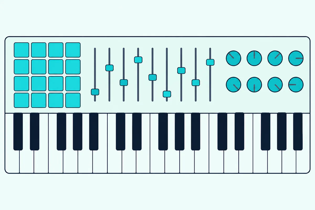 MIDI controller control panel from above, with a four-by-four grid of pads, nine vertical faders and eight round knobs