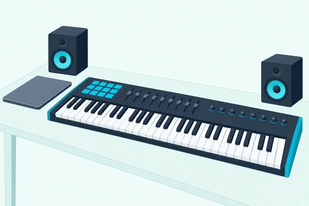 A 49-key MIDI keyboard controller with pads, faders and knobs on a desk beside a closed laptop and two studio monitors